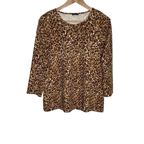 J. McLaughlin Catalina Cloth Top Women XL Brown Leopard Print 3/4 Sleeve Stretch - Picture 1 of 9